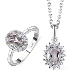 Premium White Topaz and White Zircon Halo Ring (Size 8.0) and Pendant Necklace 20 Inches in Platinum Over Sterling Silver 1.85 ctw
