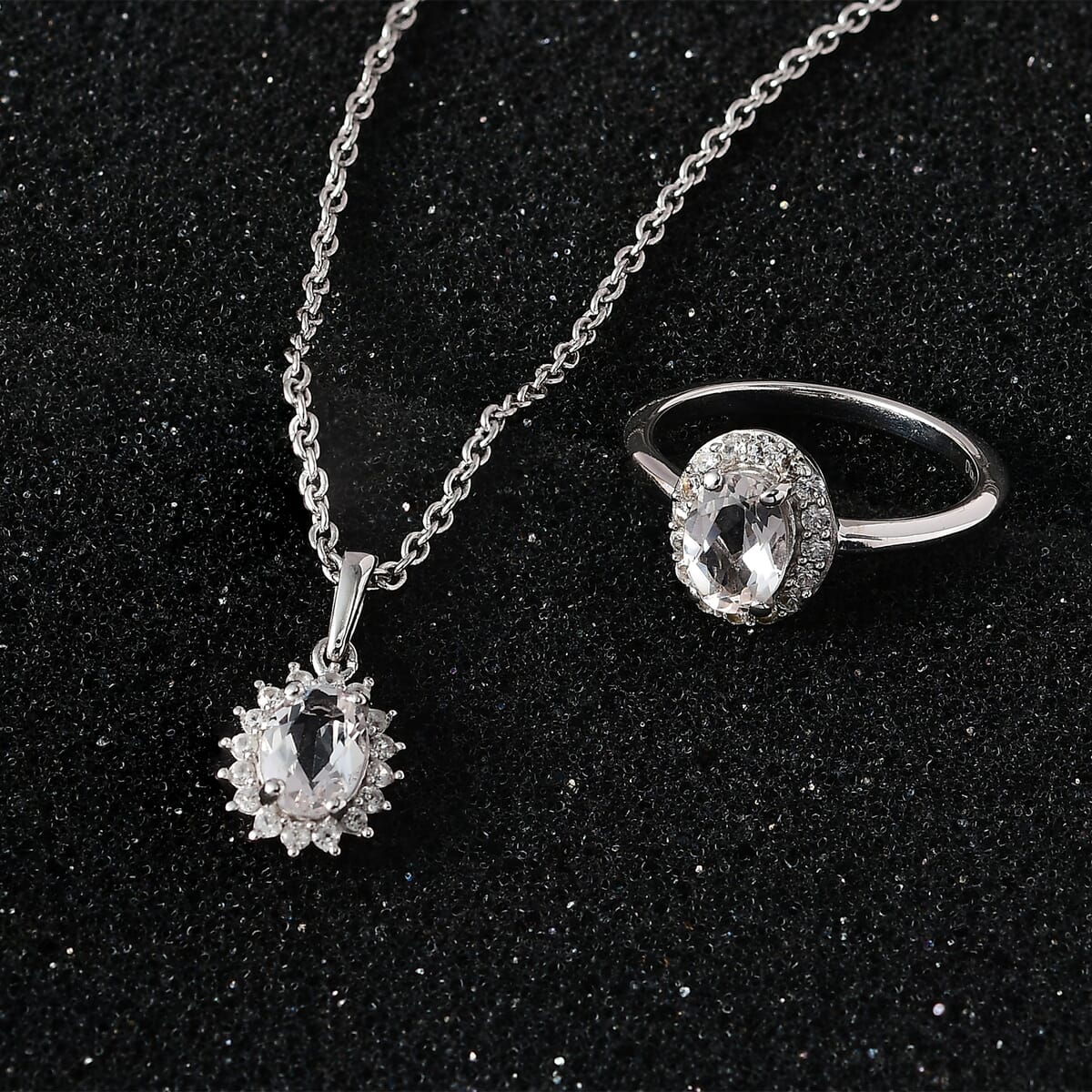 Premium White Topaz and White Zircon Halo Ring (Size 8.0) and Pendant Necklace 20 Inches in Platinum Over Sterling Silver 1.85 ctw image number 1