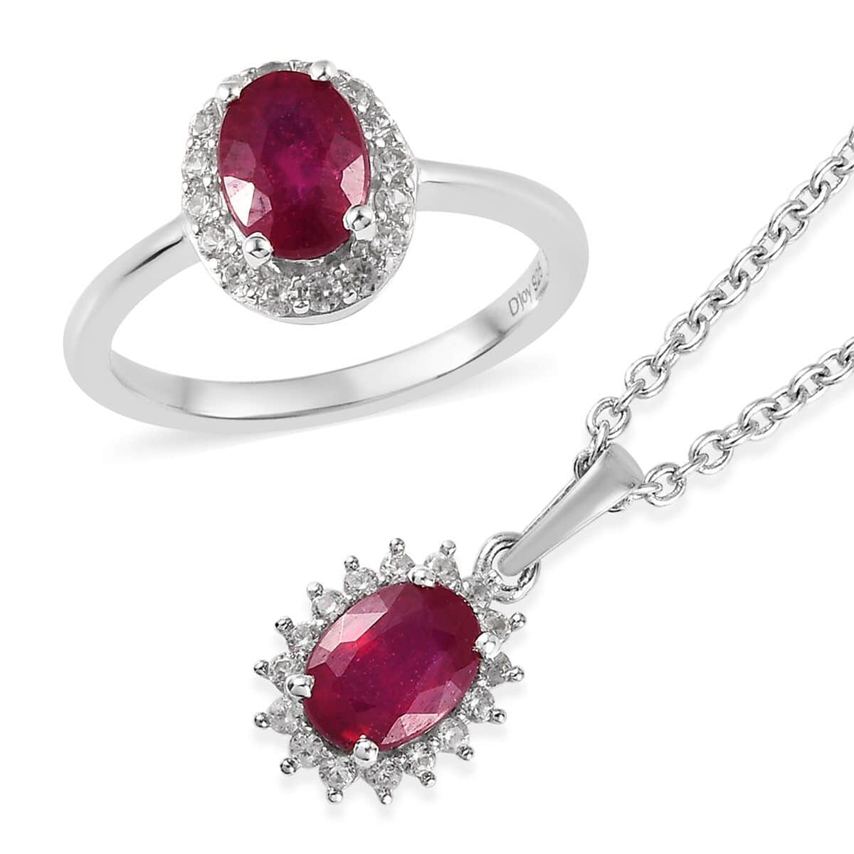 Premium Niassa Ruby (FF) and White Zircon Halo Ring Size 5.0 and Pendant Necklace 20 Inches in Platinum Over Sterling Silver 2.90 ctw image number 0
