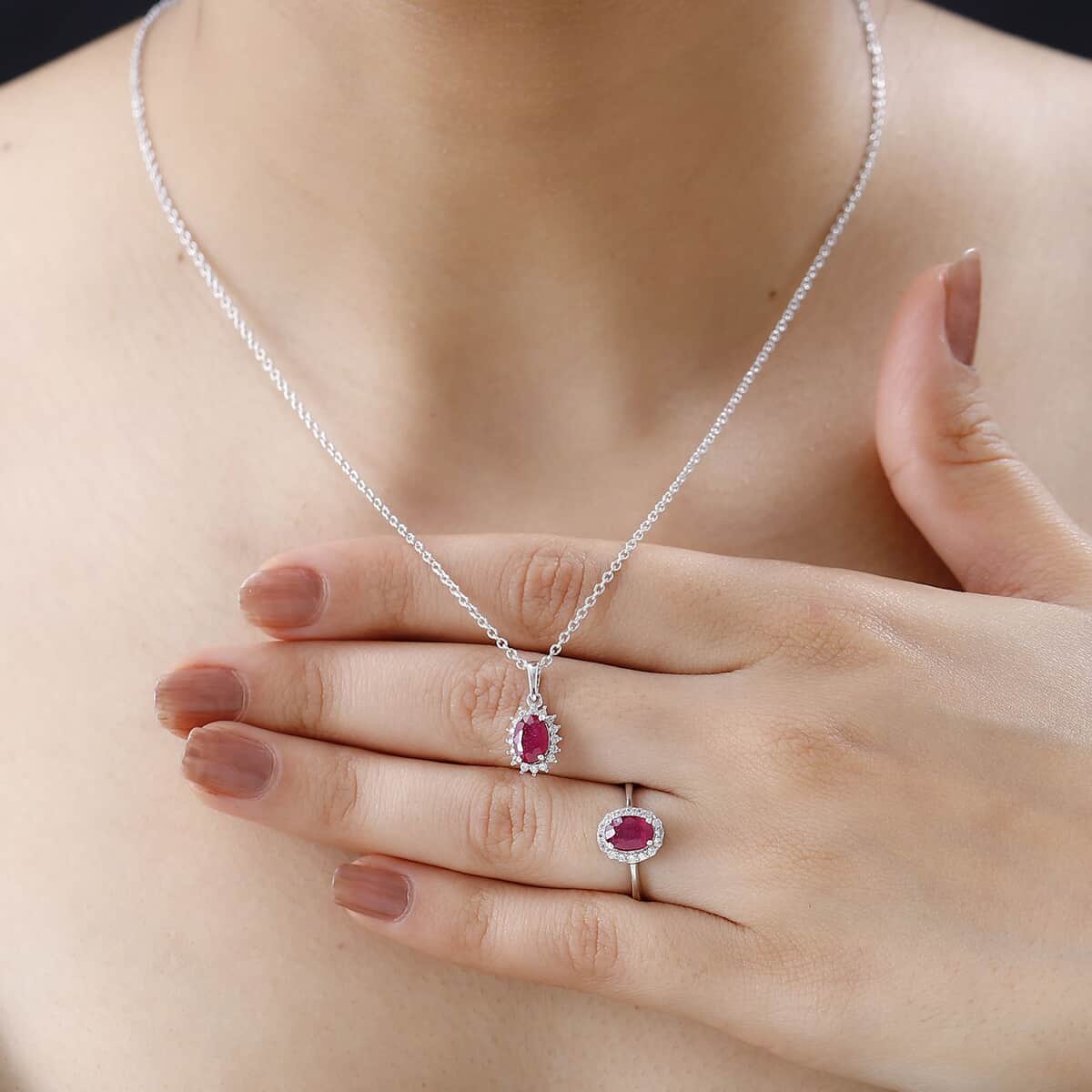 Premium Niassa Ruby (FF) and White Zircon Halo Ring Size 5.0 and Pendant Necklace 20 Inches in Platinum Over Sterling Silver 2.90 ctw image number 2