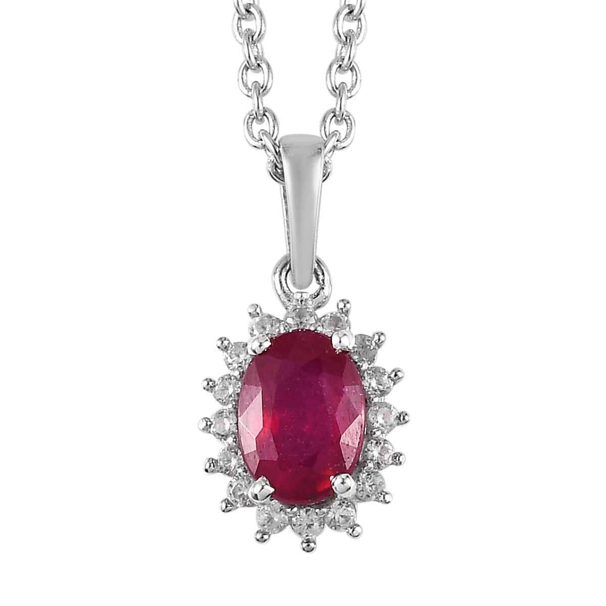 Premium Niassa Ruby (FF) and White Zircon Halo Ring Size 5.0 and Pendant Necklace 20 Inches in Platinum Over Sterling Silver 2.90 ctw image number 6