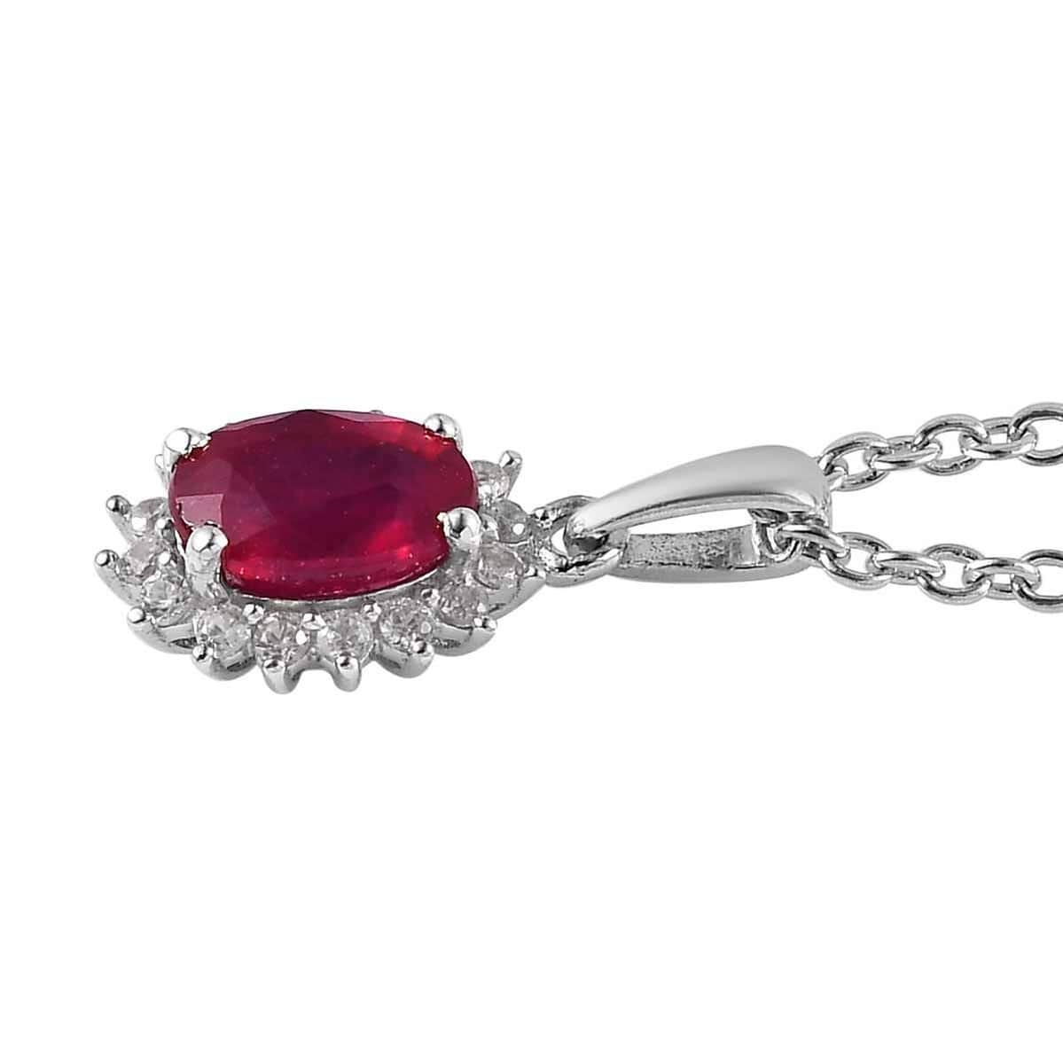 Premium Niassa Ruby (FF) and White Zircon Halo Ring Size 5.0 and Pendant Necklace 20 Inches in Platinum Over Sterling Silver 2.90 ctw image number 7