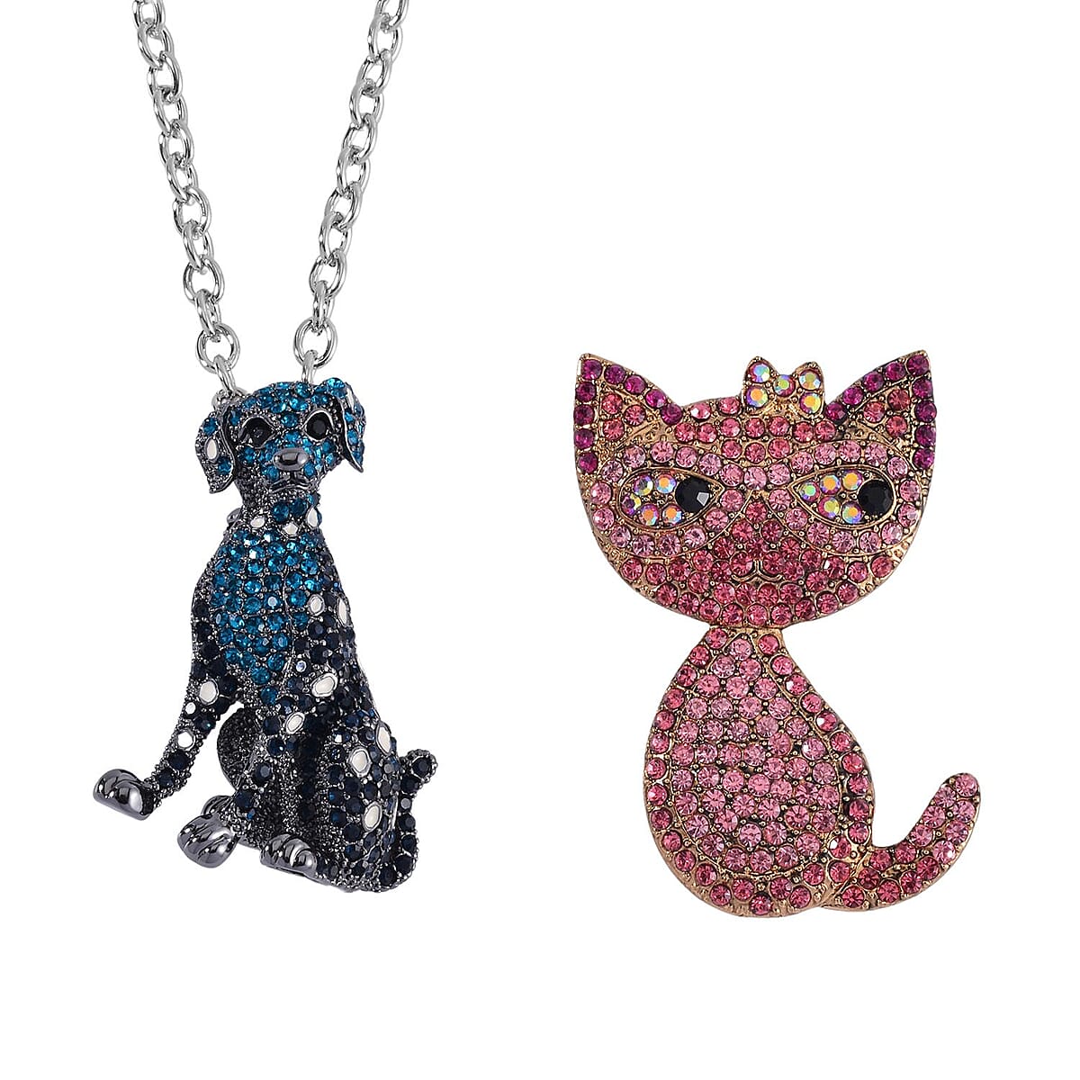 Blue and Black Austrian Crystal Set of 2 Dog & Cate Brooch or Pendant with Necklace 24-26 Inches in Silvertone & Goldtone image number 0