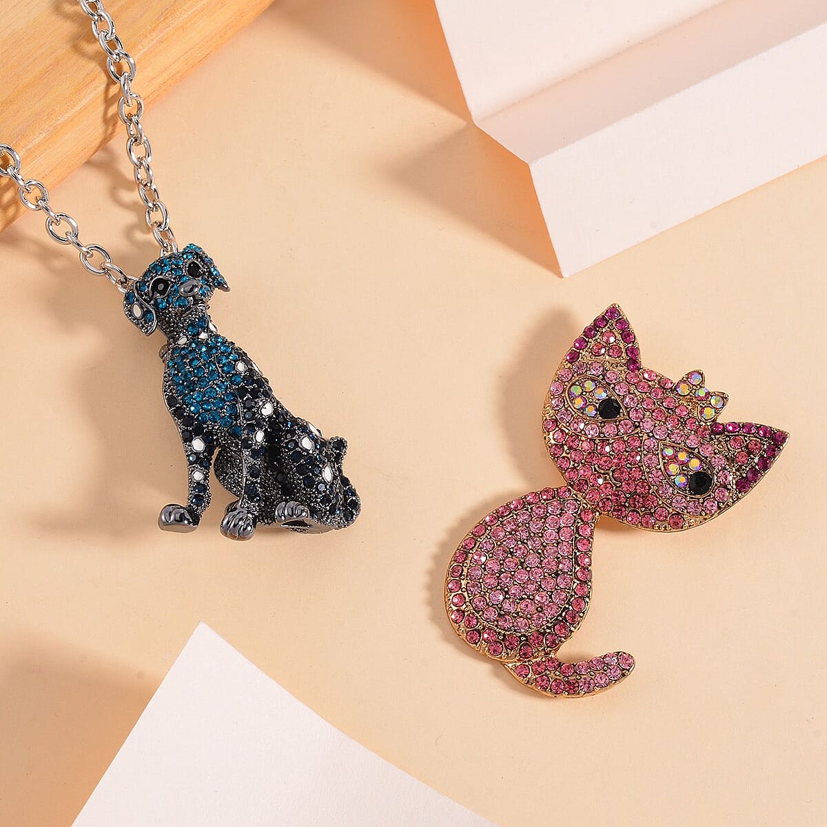 Blue and Black Austrian Crystal Set of 2 Dog & Cate Brooch or Pendant with Necklace 24-26 Inches in Silvertone & Goldtone image number 1