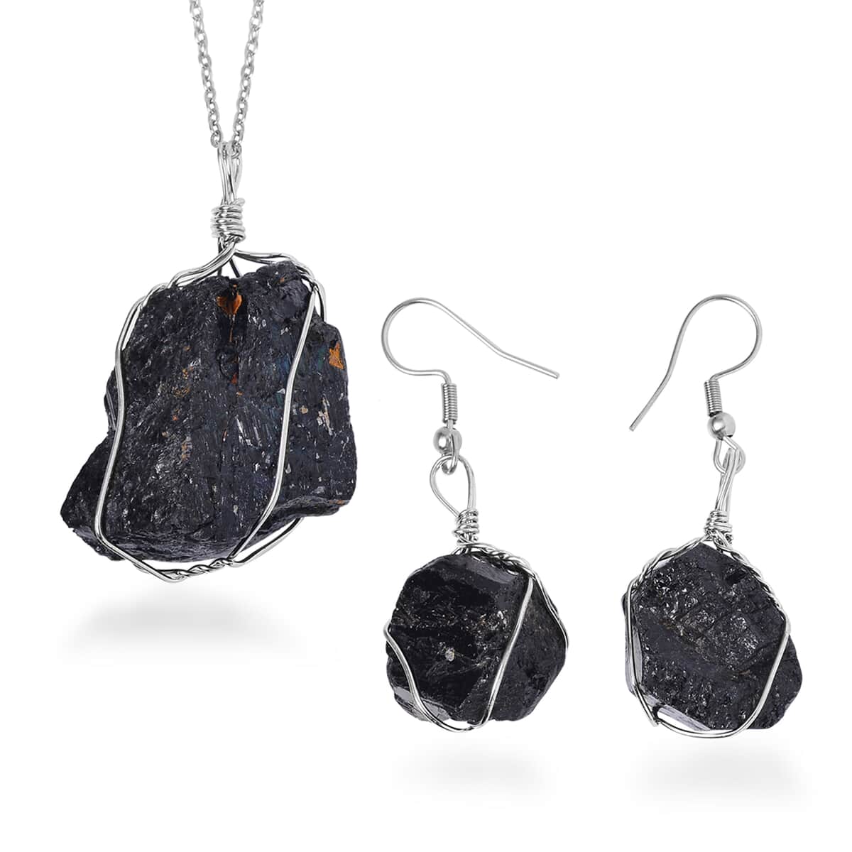 Rough Cut Black Tourmaline Earrings and Pendant in Silvertone with Stainless Steel Necklace 20 Inches 152.50 ctw image number 0