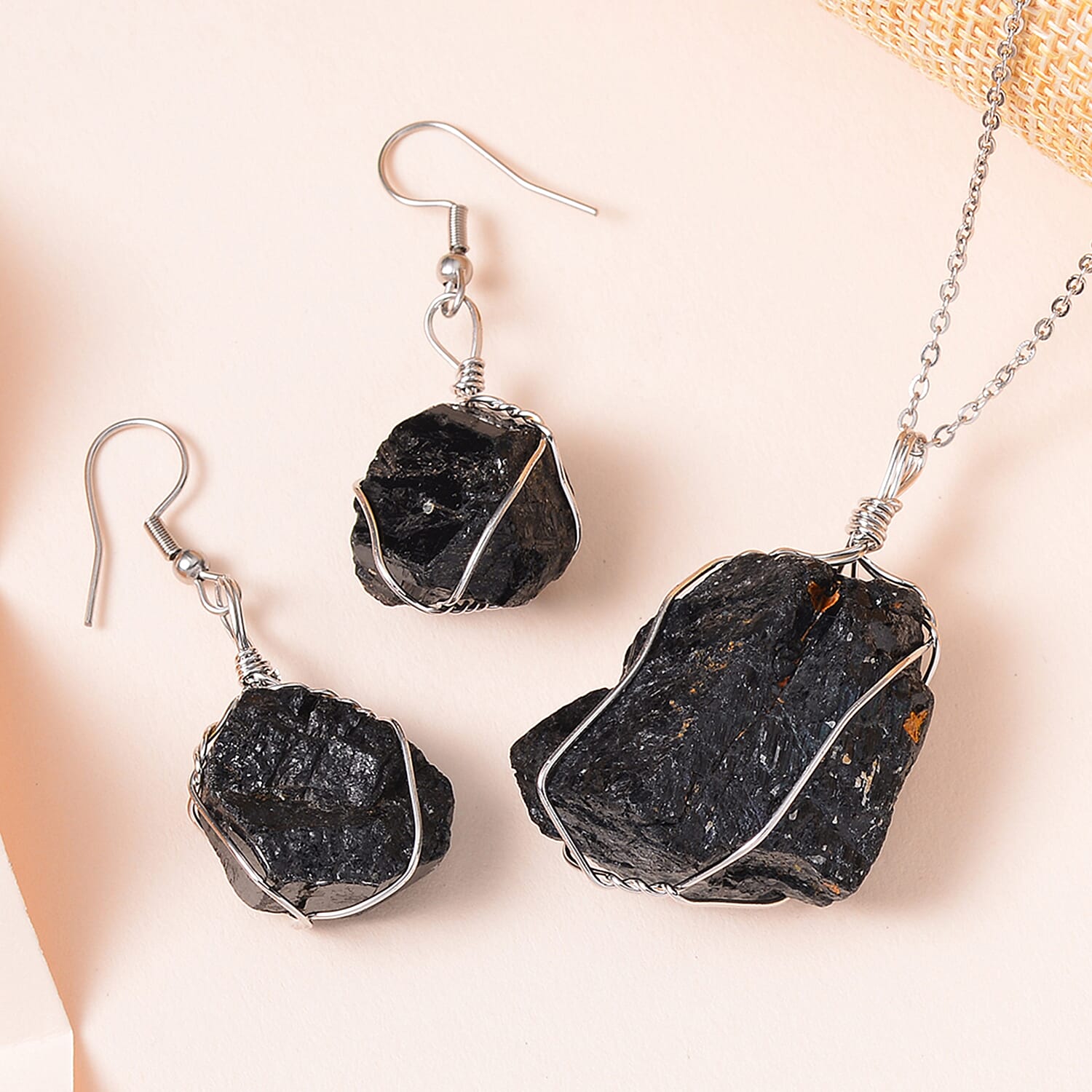 Rough Cut Black Tourmaline Earrings and Pendant in Silvertone with Stainless Steel Necklace 20 Inches 152.50 ctw