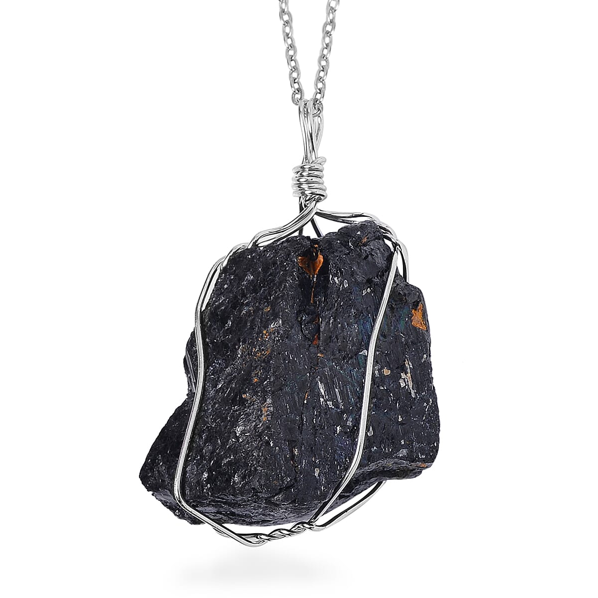 Rough Cut Black Tourmaline Earrings and Pendant in Silvertone with Stainless Steel Necklace 20 Inches 152.50 ctw
