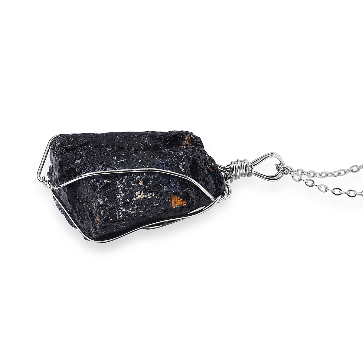 Rough Cut Black Tourmaline Earrings and Pendant in Silvertone with Stainless Steel Necklace 20 Inches 152.50 ctw