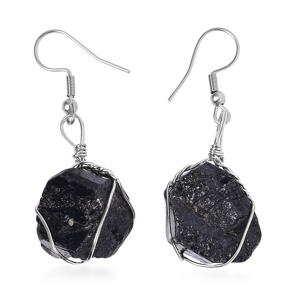 Rough Cut Black Tourmaline Earrings and Pendant in Silvertone with Stainless Steel Necklace 20 Inches 152.50 ctw