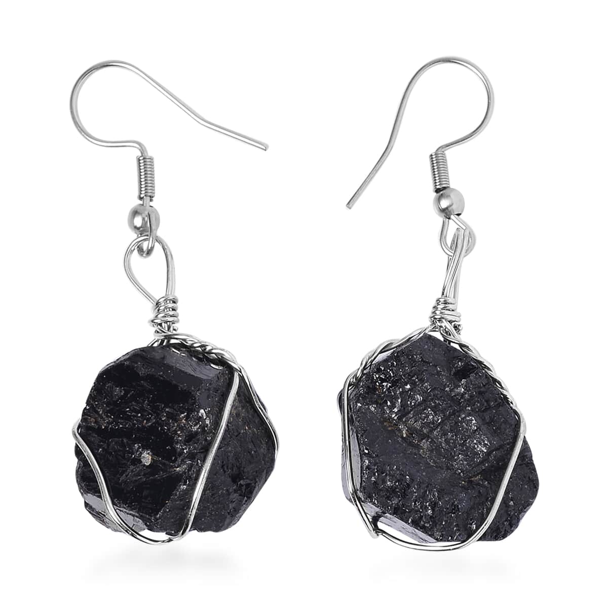 Rough Cut Black Tourmaline Earrings and Pendant in Silvertone with Stainless Steel Necklace 20 Inches 152.50 ctw image number 5