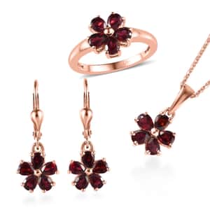 Anthill Garnet Floral Earrings, Ring (Size 5.0), Pendant Necklace 20 Inches in Vermeil Rose Gold Over Sterling Silver 3.80 ctw