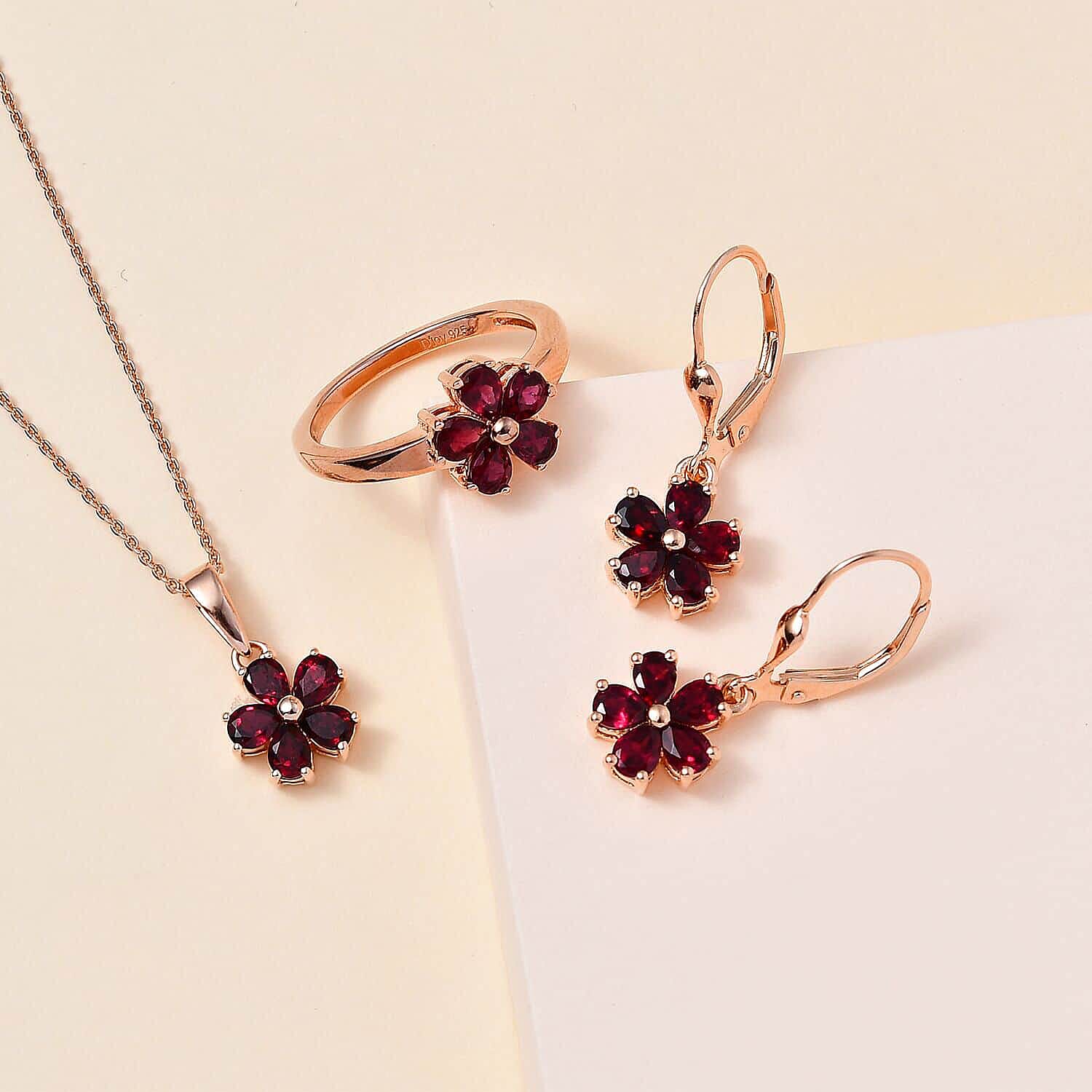 Anthill Garnet Floral Earrings, Ring (Size 5.0), Pendant Necklace 20 Inches in Vermeil Rose Gold Over Sterling Silver 3.80 ctw