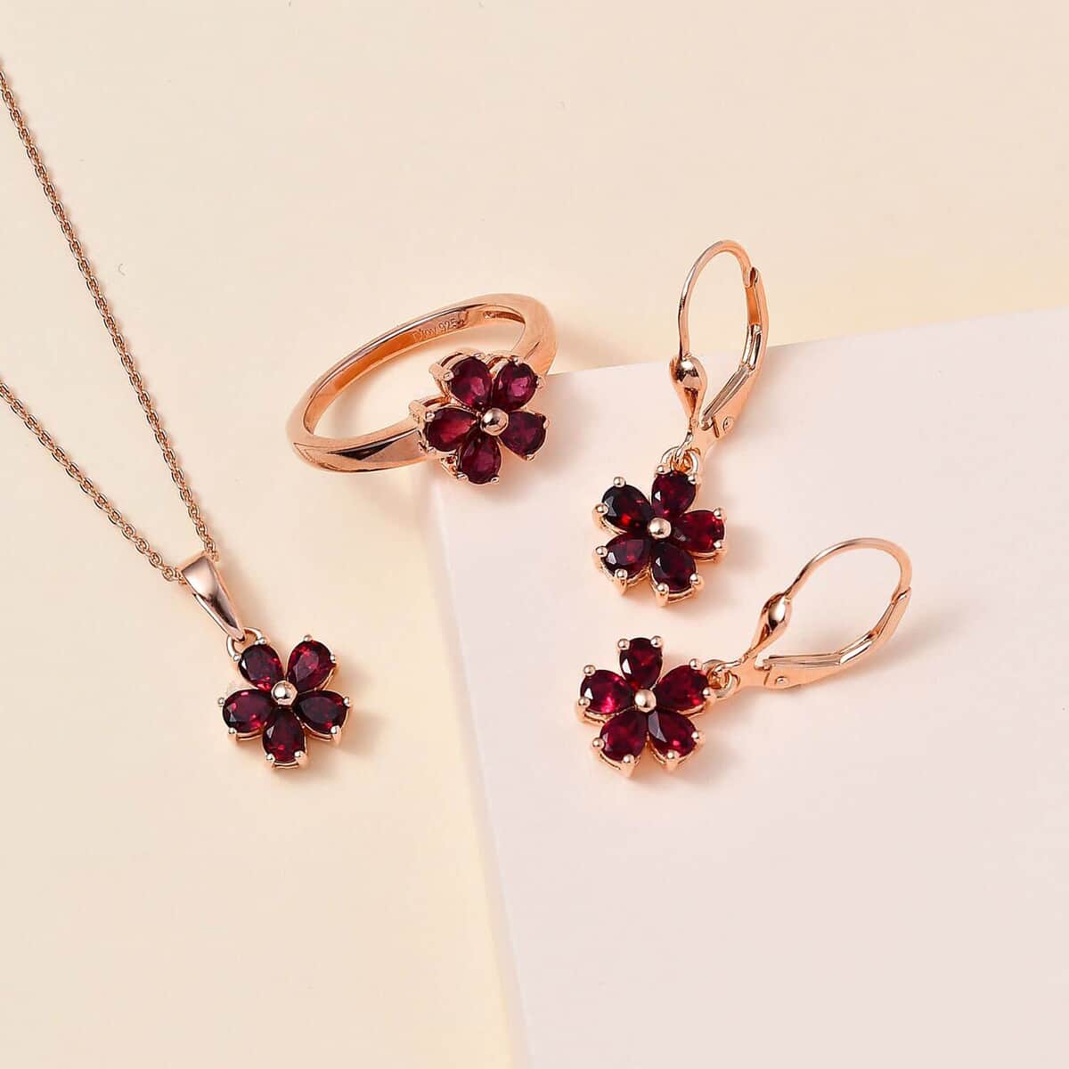 Anthill Garnet 3.80 ctw Floral Earrings, Ring (Size 6.0), Pendant Necklace in Vermeil Rose Gold Over Sterling Silver 20 Inches image number 1