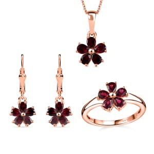 Anthill Garnet 3.80 ctw Floral Earrings, Ring (Size 9.0), Pendant Necklace in Vermeil Rose Gold Over Sterling Silver 20 Inches