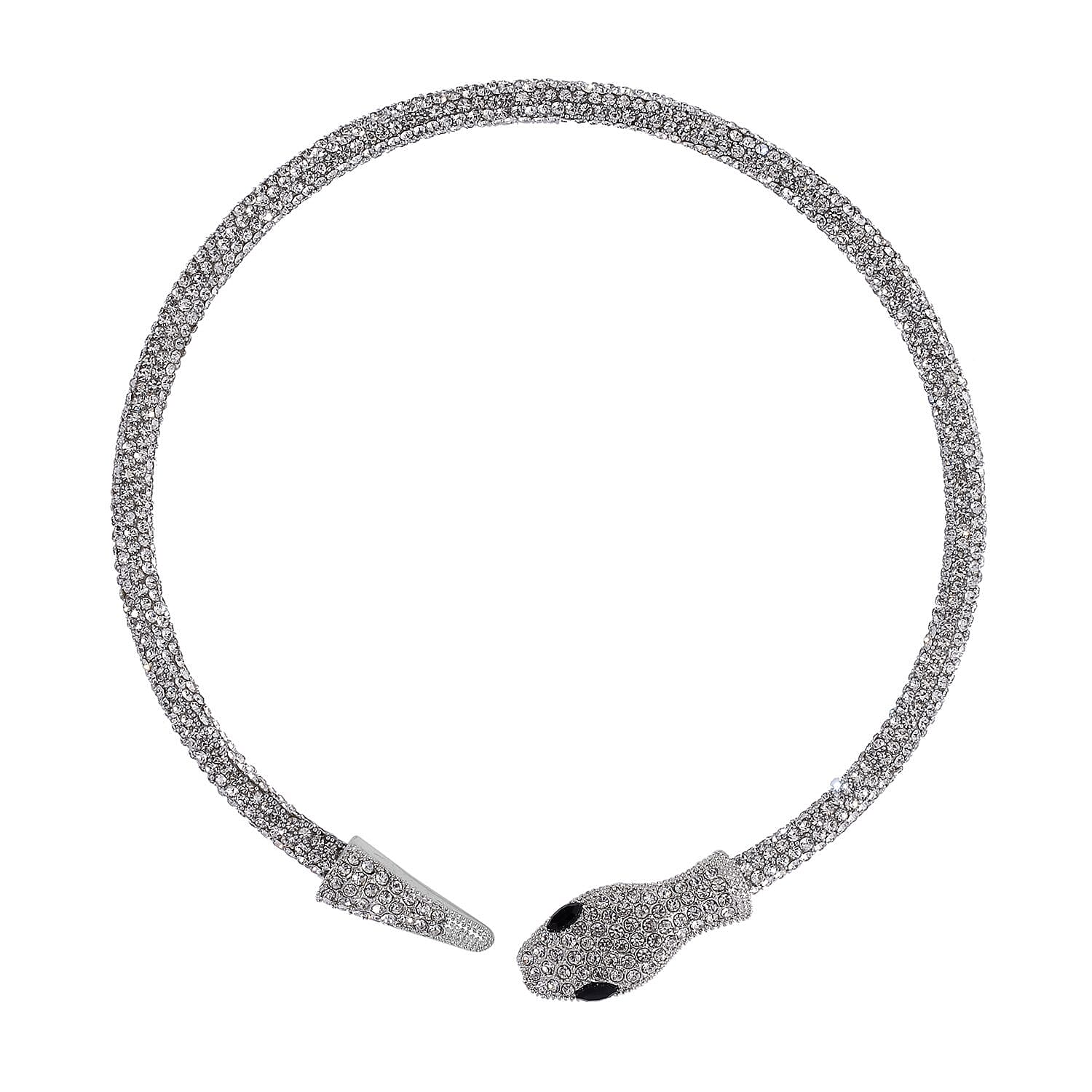 Black and White Austrian Crystal Serpent Set of Necklace 16 Inches and Bracelet (6.50-7.50In) and Earrings in Silvertone
