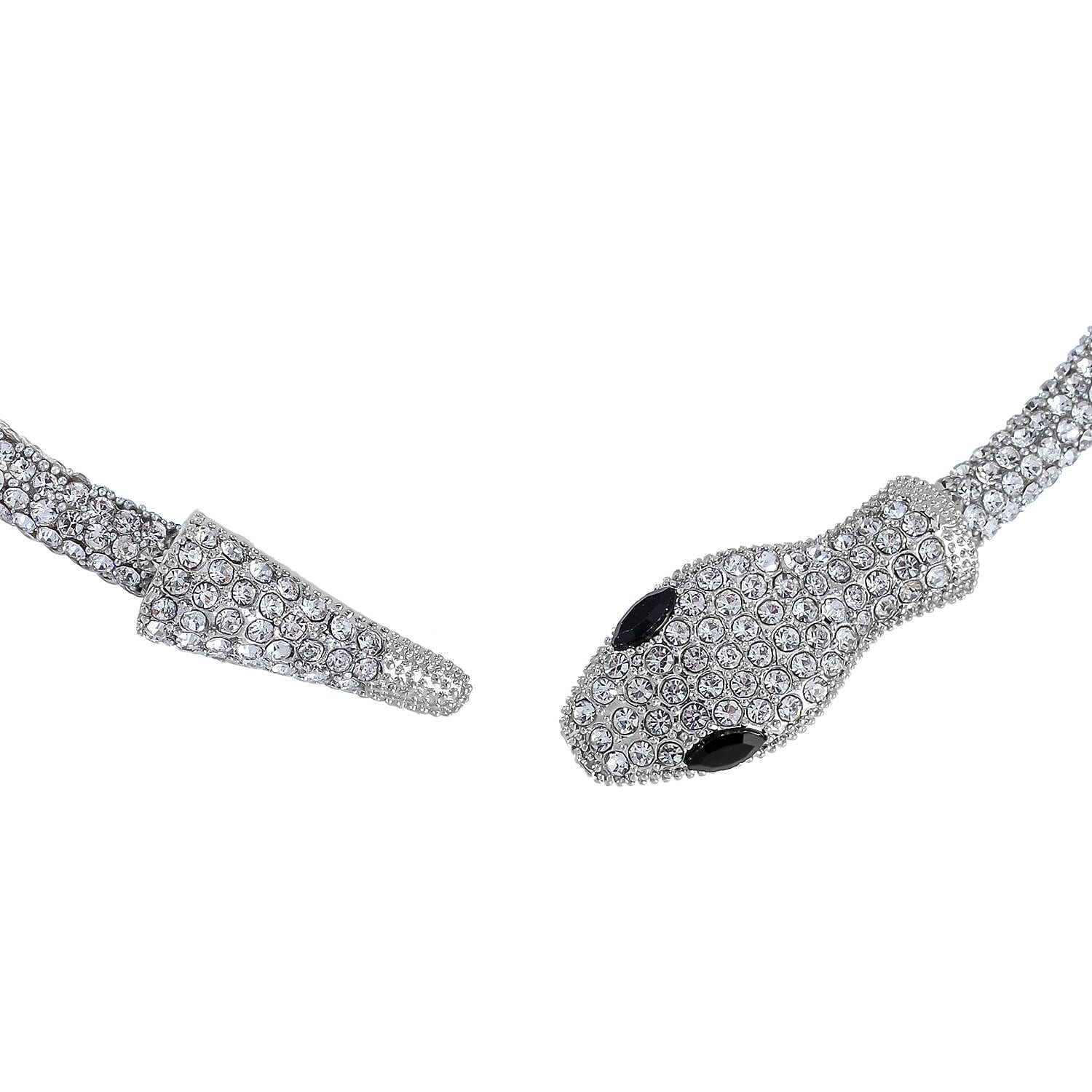 Black and White Austrian Crystal Serpent Set of Necklace 16 Inches and Bracelet (6.50-7.50In) and Earrings in Silvertone