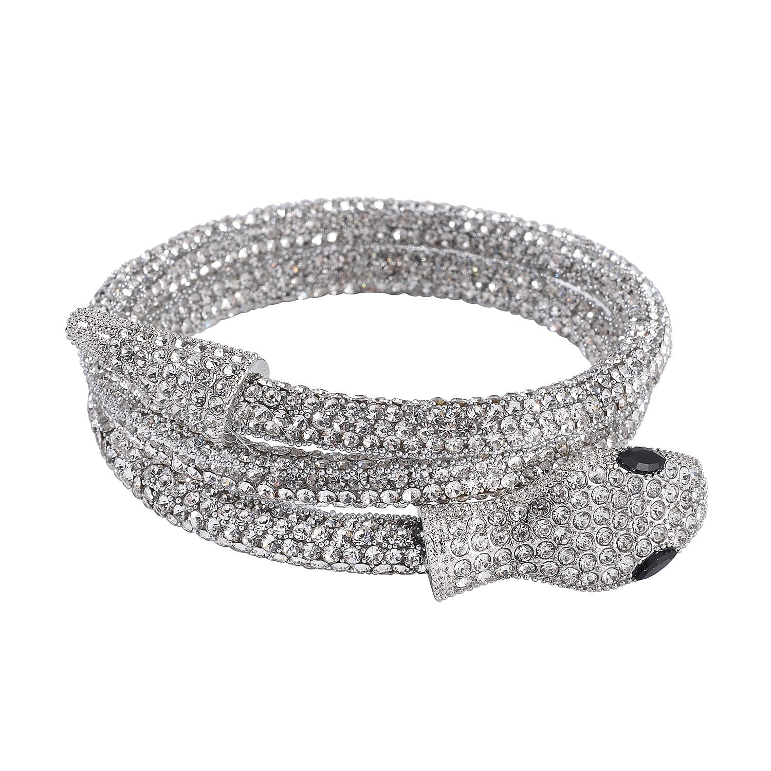 Black and White Austrian Crystal Serpent Set of Necklace 16 Inches and Bracelet (6.50-7.50In) and Earrings in Silvertone