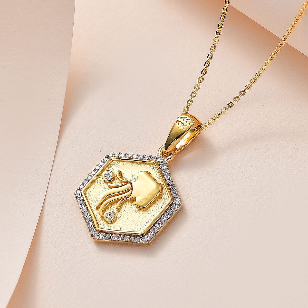 African Amethyst and Moissanite Aquarius Zodiac Medallion Pendant with Paper Clip Chain Necklace 20 Inches in Vermeil Yellow Gold Over Sterling Silver 0.40 ctw image number 1