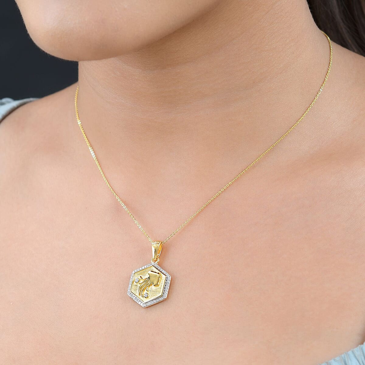 African Amethyst and Moissanite Aquarius Zodiac Medallion Pendant with Paper Clip Chain Necklace 20 Inches in Vermeil Yellow Gold Over Sterling Silver 0.40 ctw image number 2