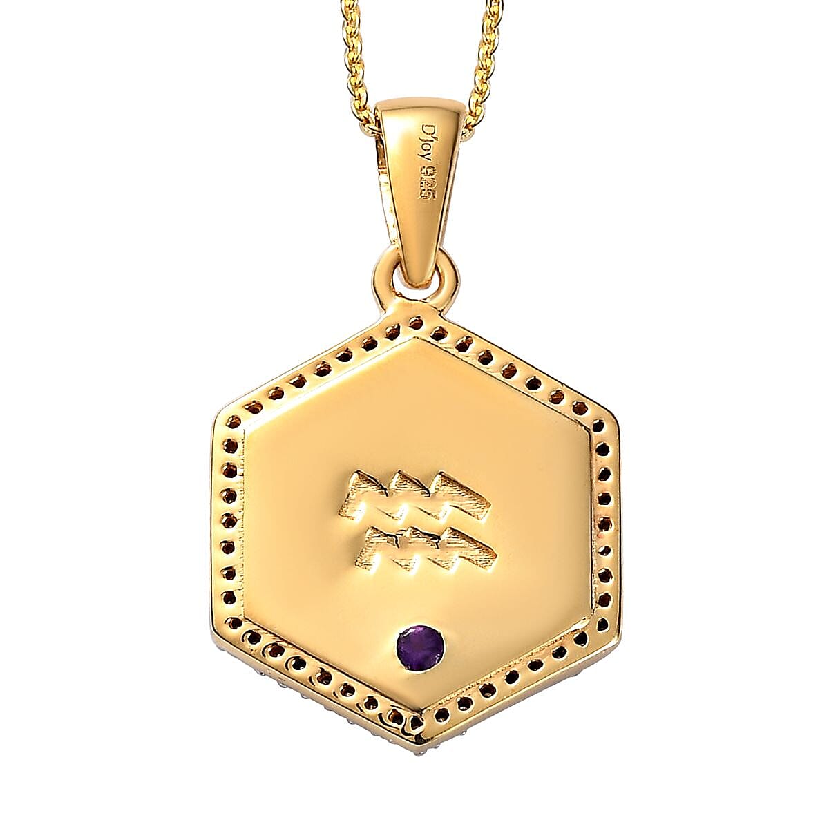 African Amethyst and Moissanite Aquarius Zodiac Medallion Pendant with Paper Clip Chain Necklace 20 Inches in Vermeil Yellow Gold Over Sterling Silver 0.40 ctw image number 4