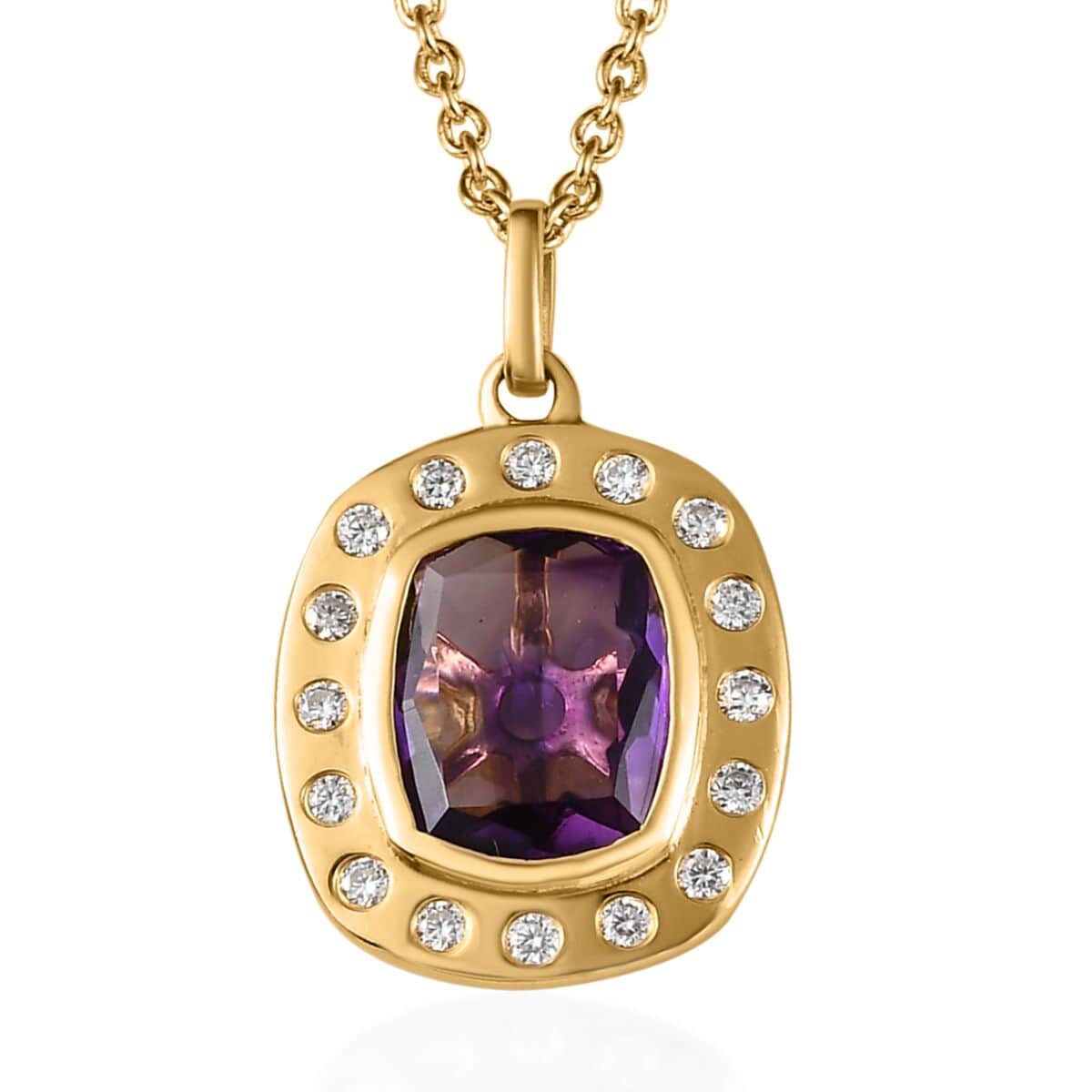 Premium Moroccan Amethyst and Moissanite Medallion Pendant Necklace 20 Inches in Vermeil Yellow Gold Over Sterling Silver 3.10 ctw image number 0