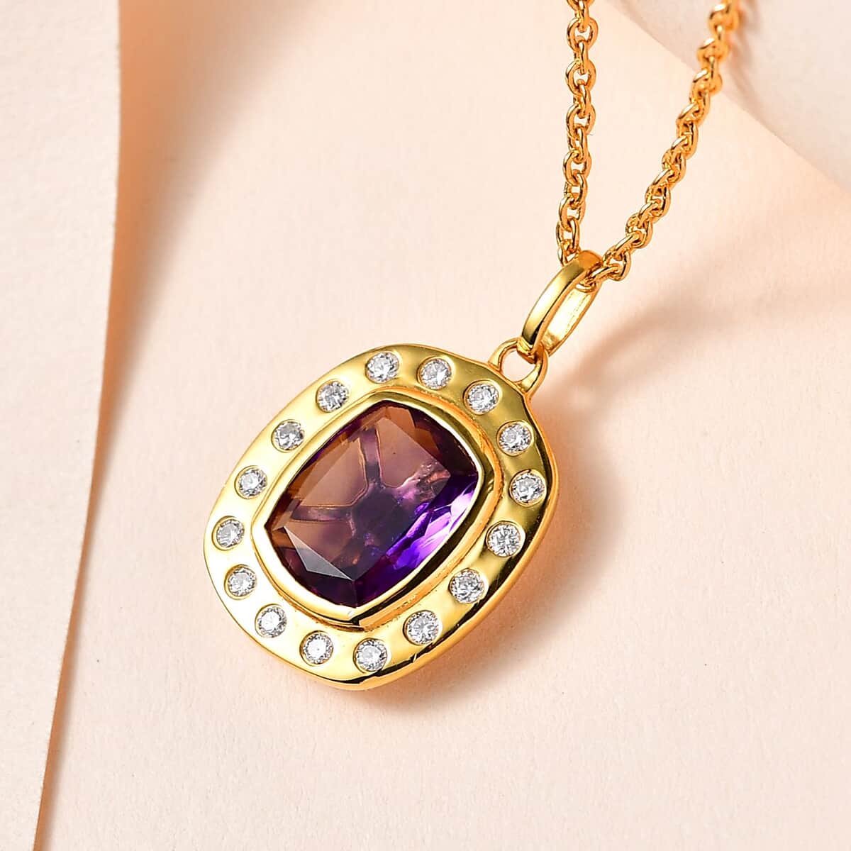 Premium Moroccan Amethyst and Moissanite Medallion Pendant Necklace 20 Inches in Vermeil Yellow Gold Over Sterling Silver 3.10 ctw image number 1