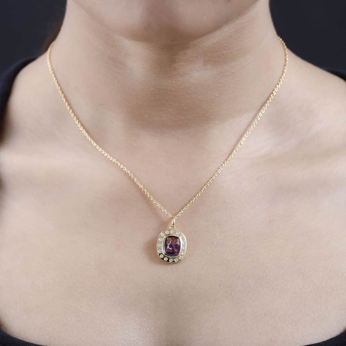 Premium Moroccan Amethyst and Moissanite Medallion Pendant Necklace 20 Inches in Vermeil Yellow Gold Over Sterling Silver 3.10 ctw image number 2