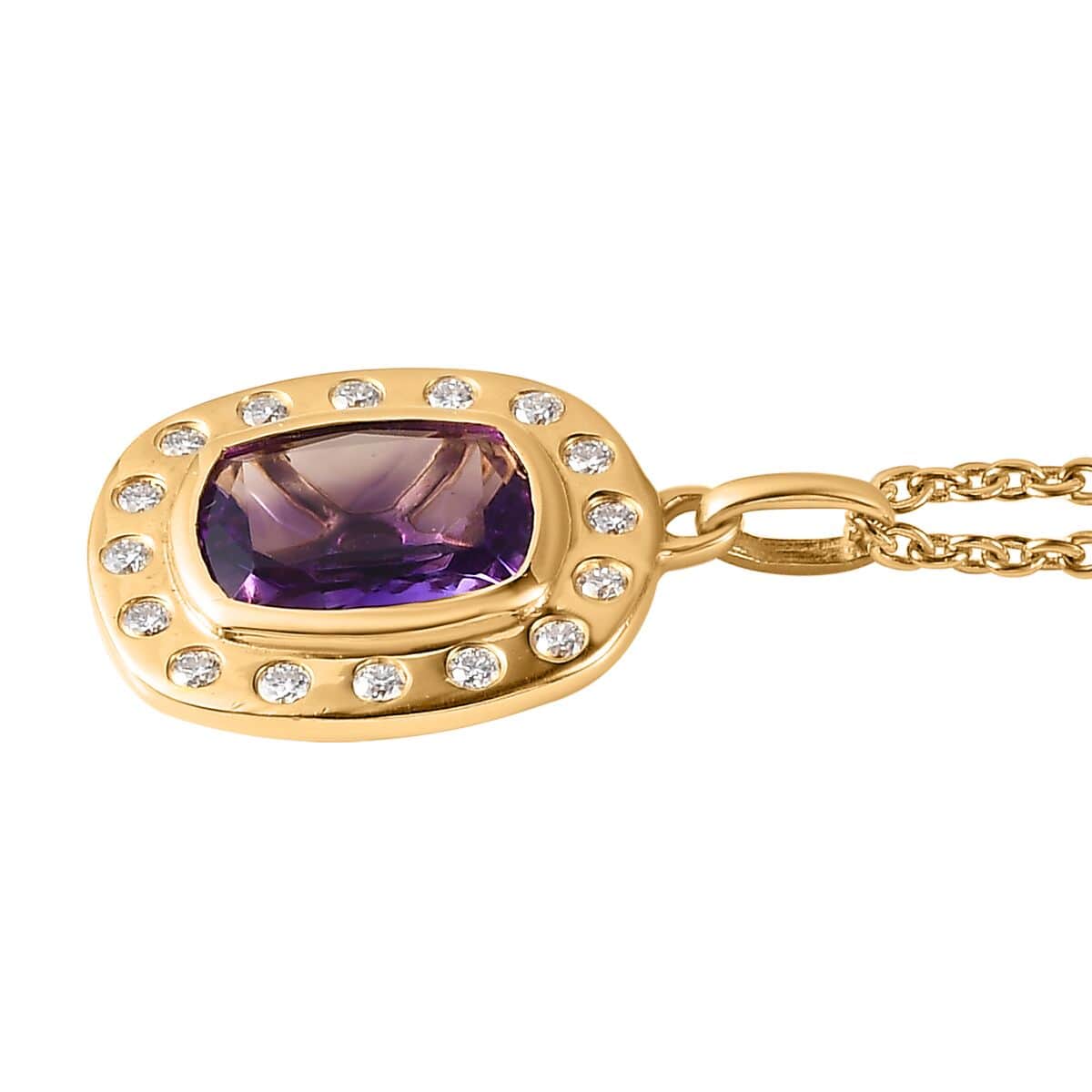 Premium Moroccan Amethyst and Moissanite Medallion Pendant Necklace 20 Inches in Vermeil Yellow Gold Over Sterling Silver 3.10 ctw image number 3