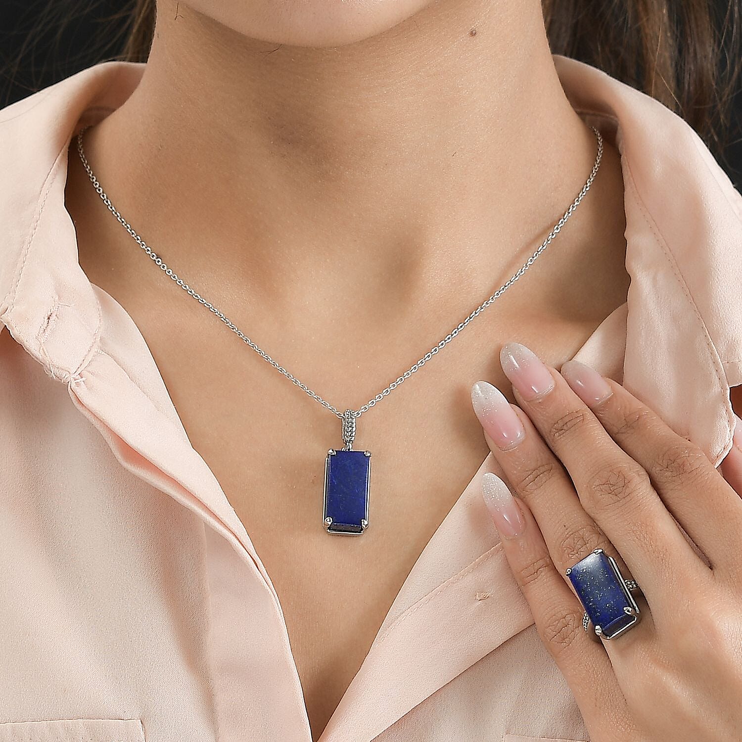 Lapis Lazuli 32.00 ctw Ring (Size 5.50) and Pendant in Stainless Steel