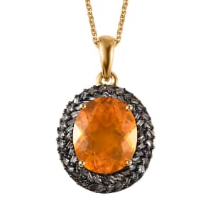 Premium BURITI Fire Opal and Natural Champagne Diamond Halo Pendant Necklace 20 Inches in Vermeil Yellow Gold Over Sterling Silver 3.50 ctw