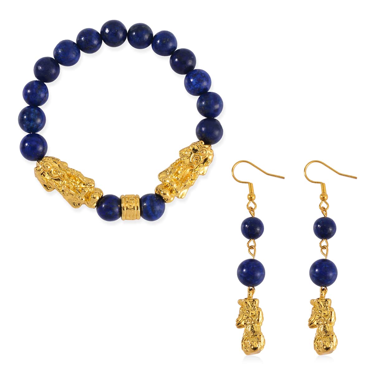 TLV Lapis Lazuli Pixiu Earrings and Feng Shui Stretch Bracelet in Goldtone 146.00 ctw image number 0