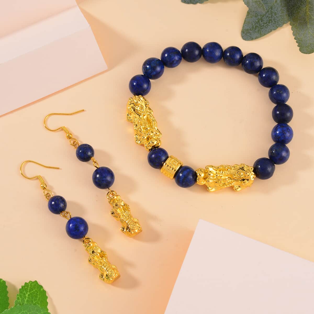TLV Lapis Lazuli Pixiu Earrings and Feng Shui Stretch Bracelet in Goldtone 146.00 ctw image number 1