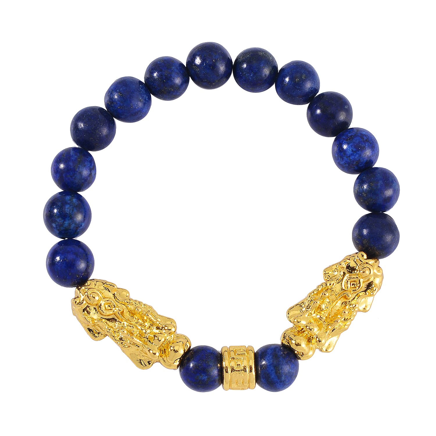 TLV Lapis Lazuli Pixiu Earrings and Feng Shui Stretch Bracelet in Goldtone 146.00 ctw