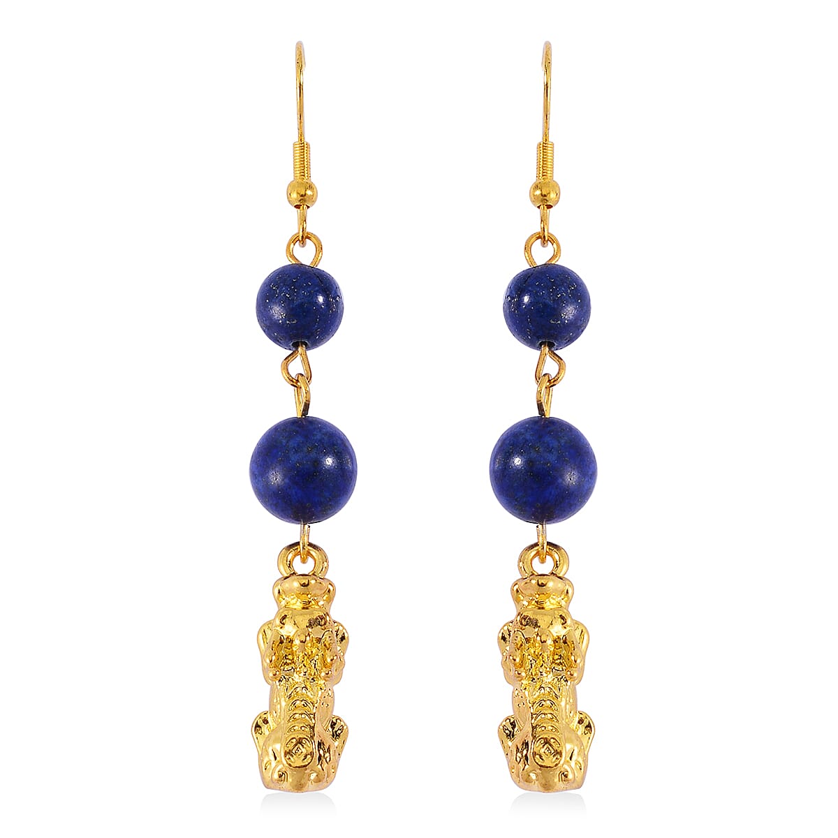 TLV Lapis Lazuli Pixiu Earrings and Feng Shui Stretch Bracelet in Goldtone 146.00 ctw