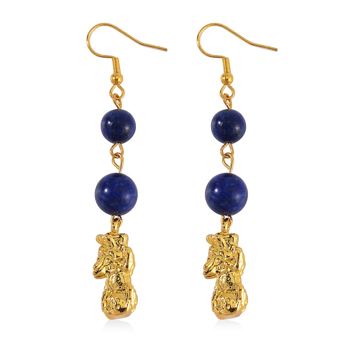 TLV Lapis Lazuli Pixiu Earrings and Feng Shui Stretch Bracelet in Goldtone 146.00 ctw
