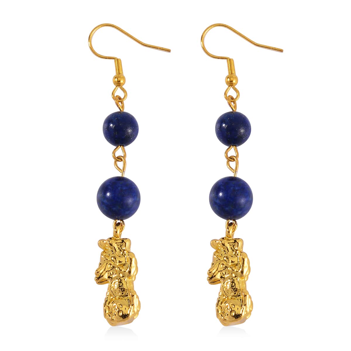 TLV Lapis Lazuli Pixiu Earrings and Feng Shui Stretch Bracelet in Goldtone 146.00 ctw image number 6