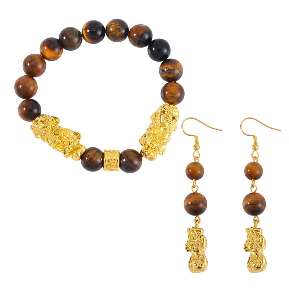 Yellow Tigers Eye Pixiu Earrings and Feng Shui Stretch Bracelet in Goldtone 146.00 ctw image number 0