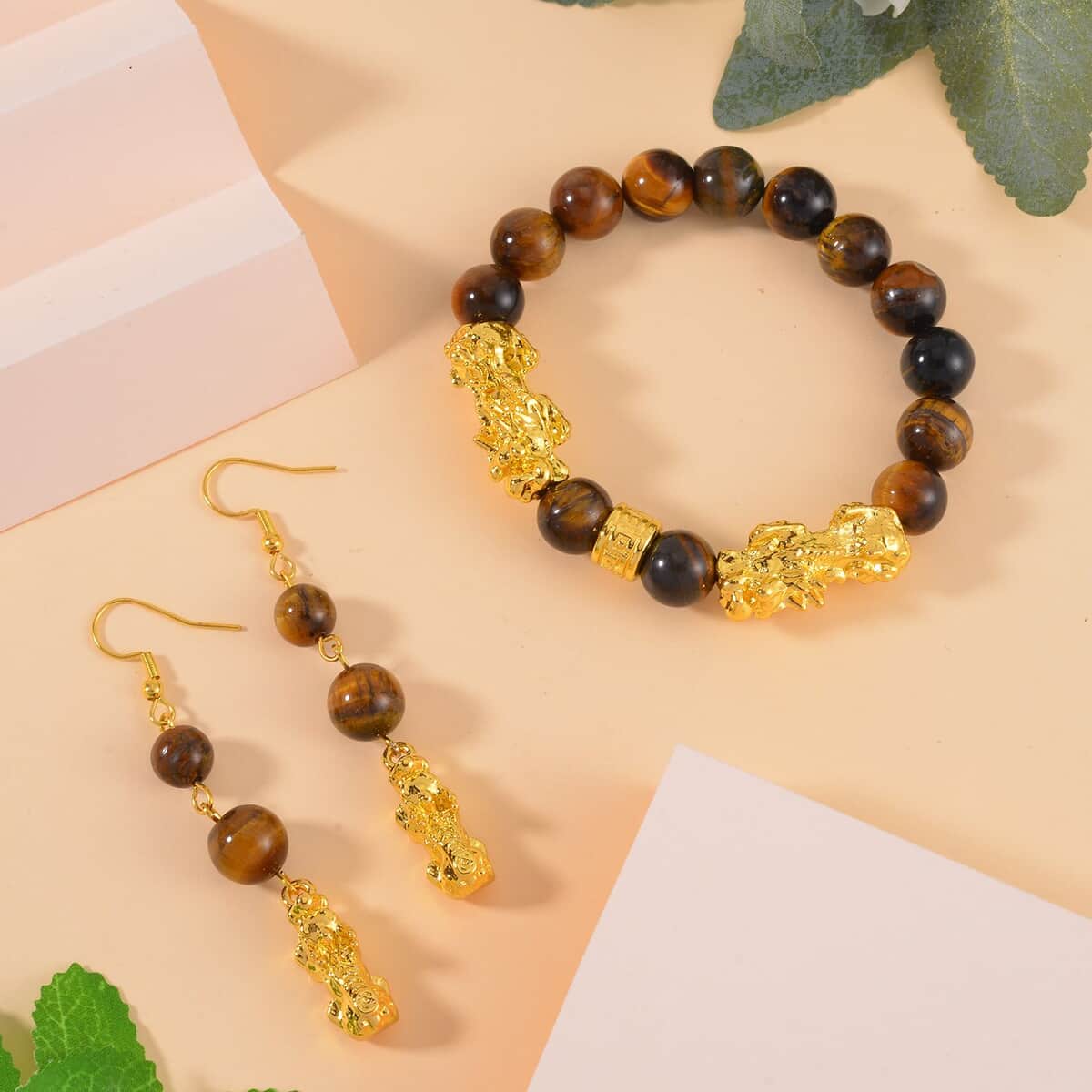 Yellow Tigers Eye Pixiu Earrings and Feng Shui Stretch Bracelet in Goldtone 146.00 ctw image number 1