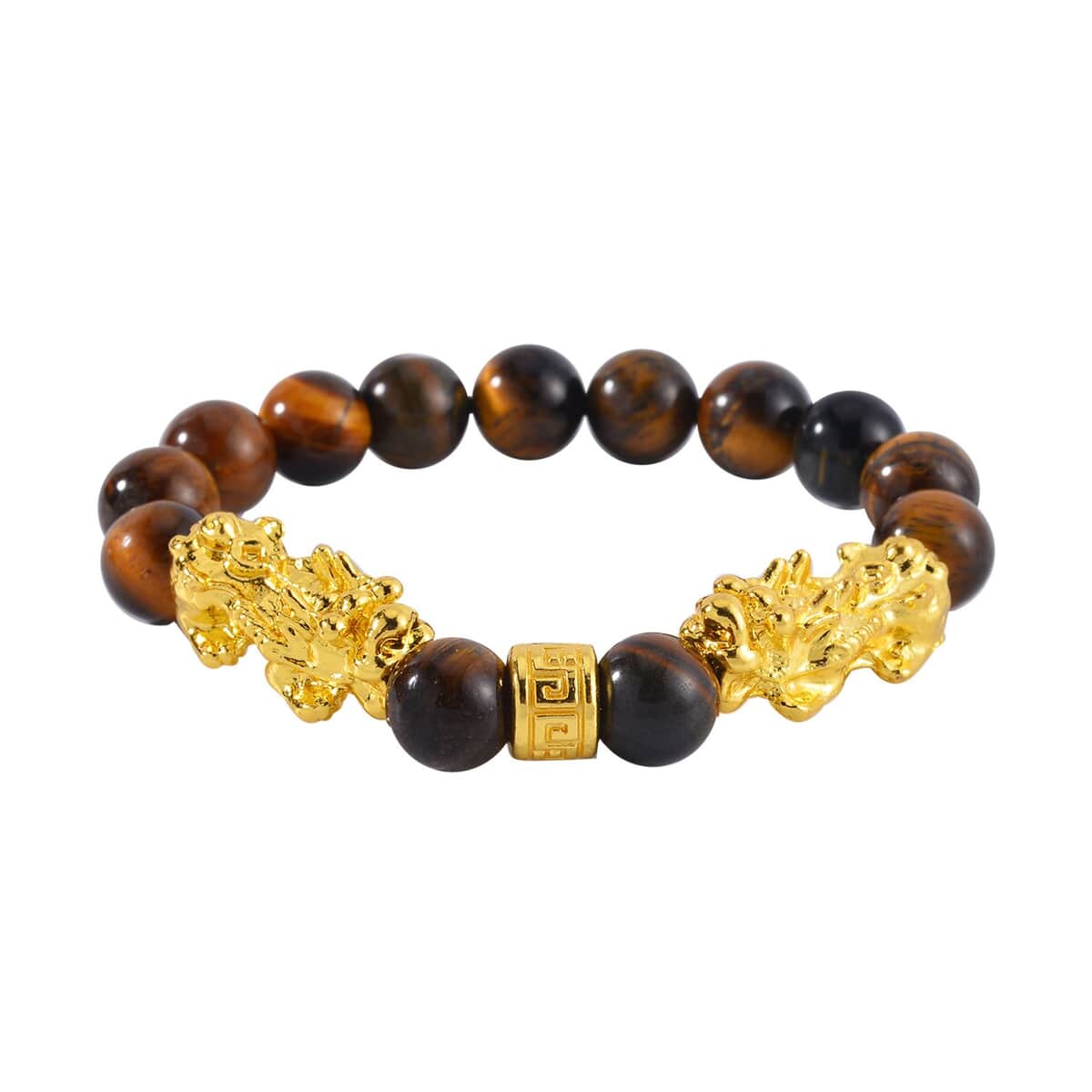 Yellow Tigers Eye Pixiu Earrings and Feng Shui Stretch Bracelet in Goldtone 146.00 ctw image number 2