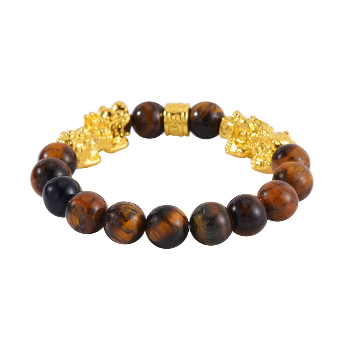 Yellow Tigers Eye Pixiu Earrings and Feng Shui Stretch Bracelet in Goldtone 146.00 ctw image number 3