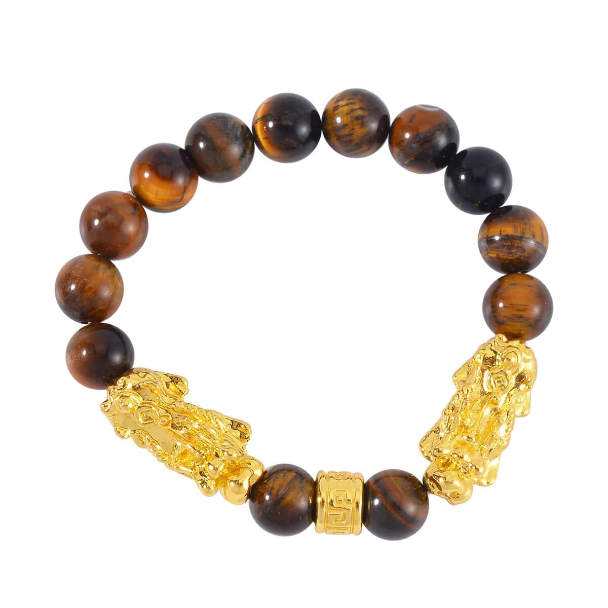 Yellow Tigers Eye Pixiu Earrings and Feng Shui Stretch Bracelet in Goldtone 146.00 ctw image number 4