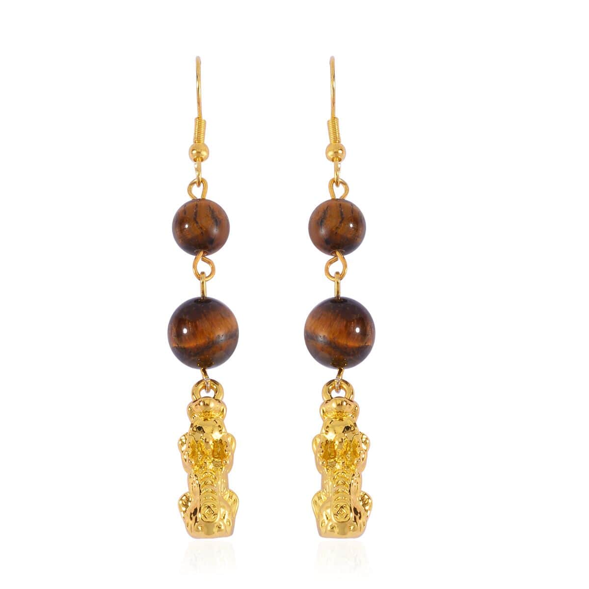 Yellow Tigers Eye Pixiu Earrings and Feng Shui Stretch Bracelet in Goldtone 146.00 ctw image number 5