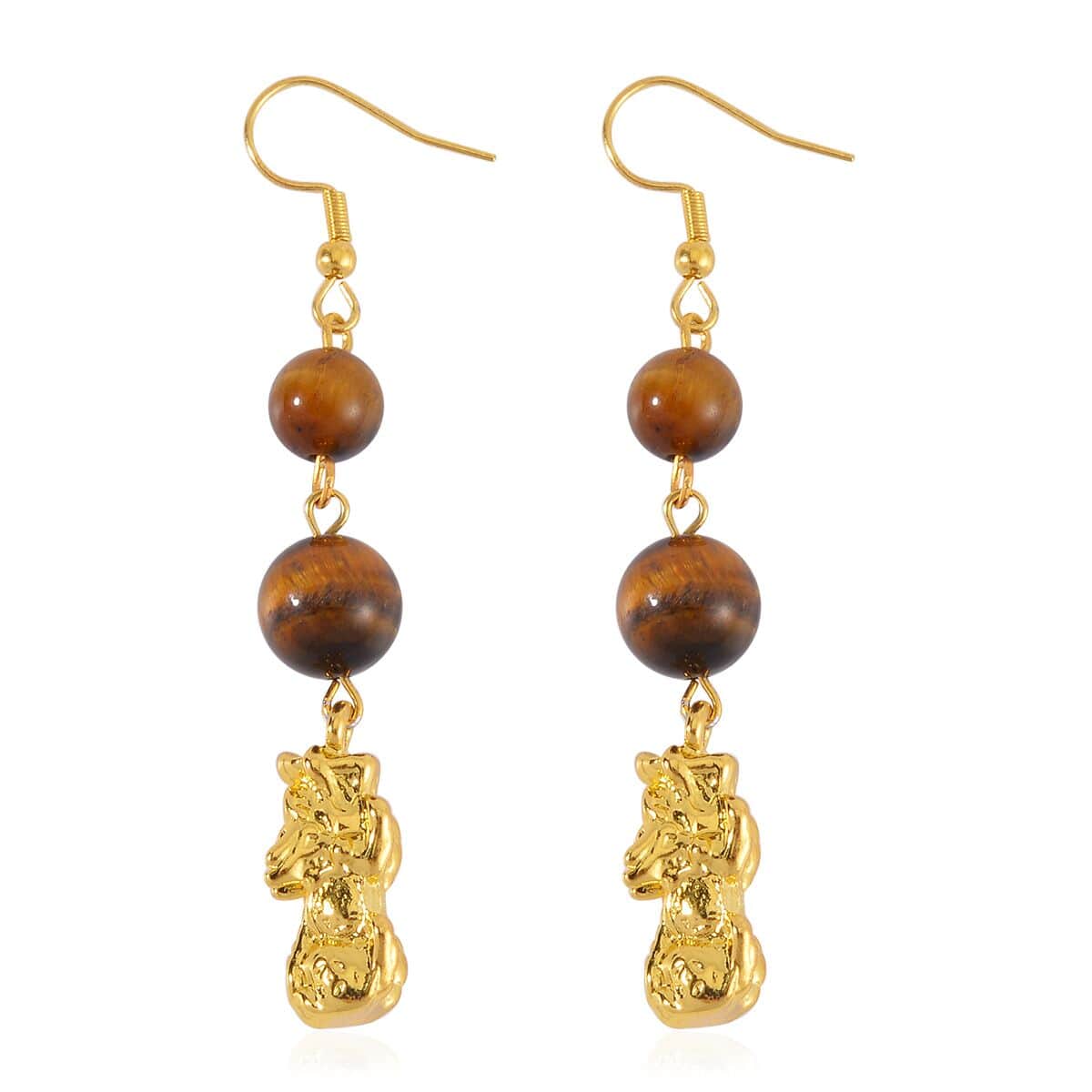 Yellow Tigers Eye Pixiu Earrings and Feng Shui Stretch Bracelet in Goldtone 146.00 ctw image number 6