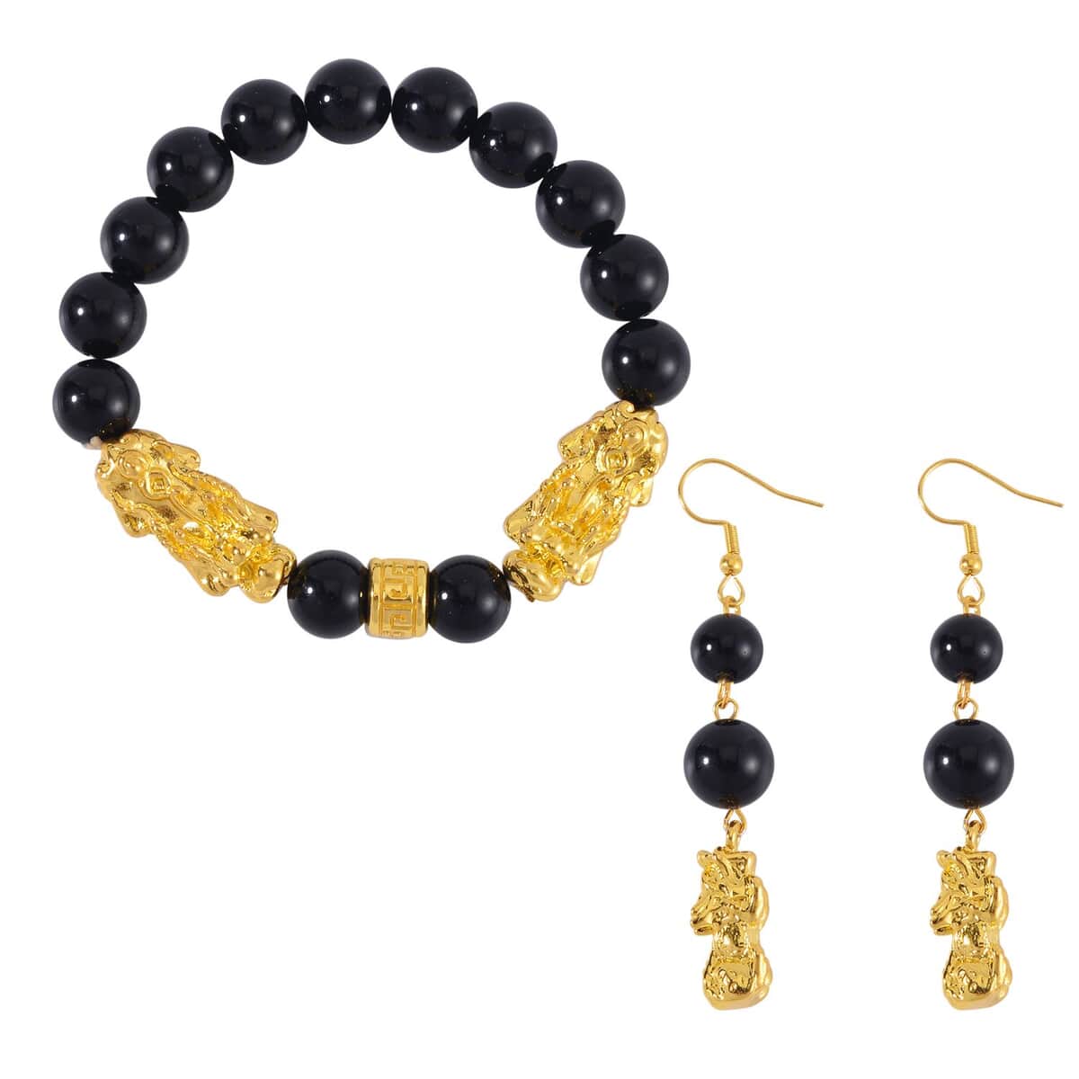 Black Obsidian Pixiu Earrings and Feng Shui Stretch Bracelet in Goldtone 146.00 ctw image number 0