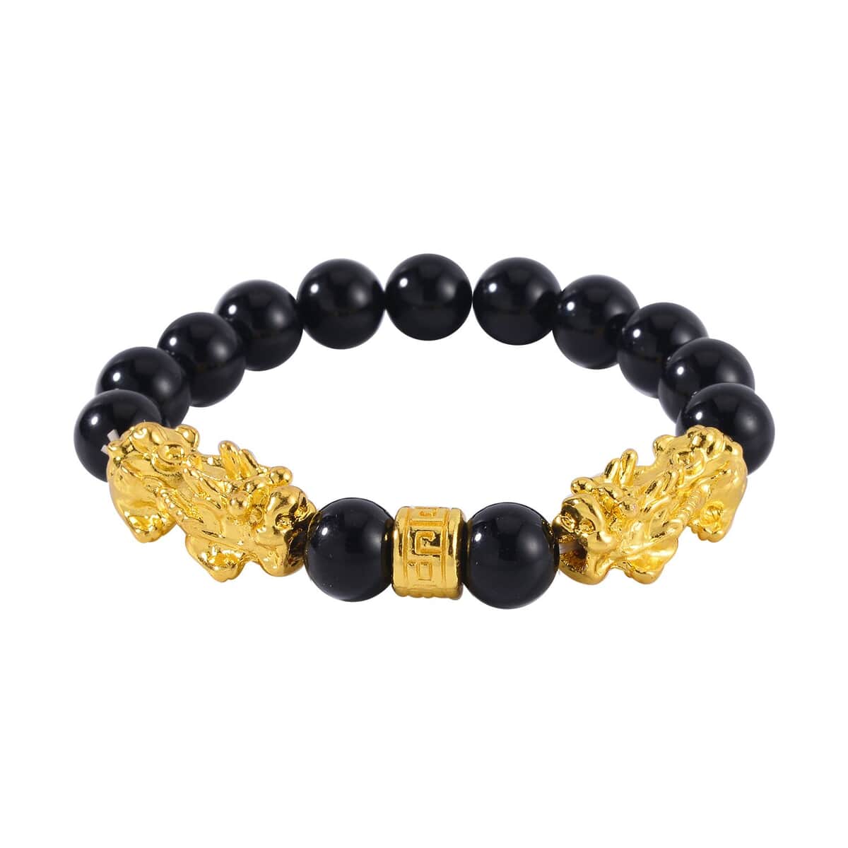 Black Obsidian Pixiu Earrings and Feng Shui Stretch Bracelet in Goldtone 146.00 ctw image number 2