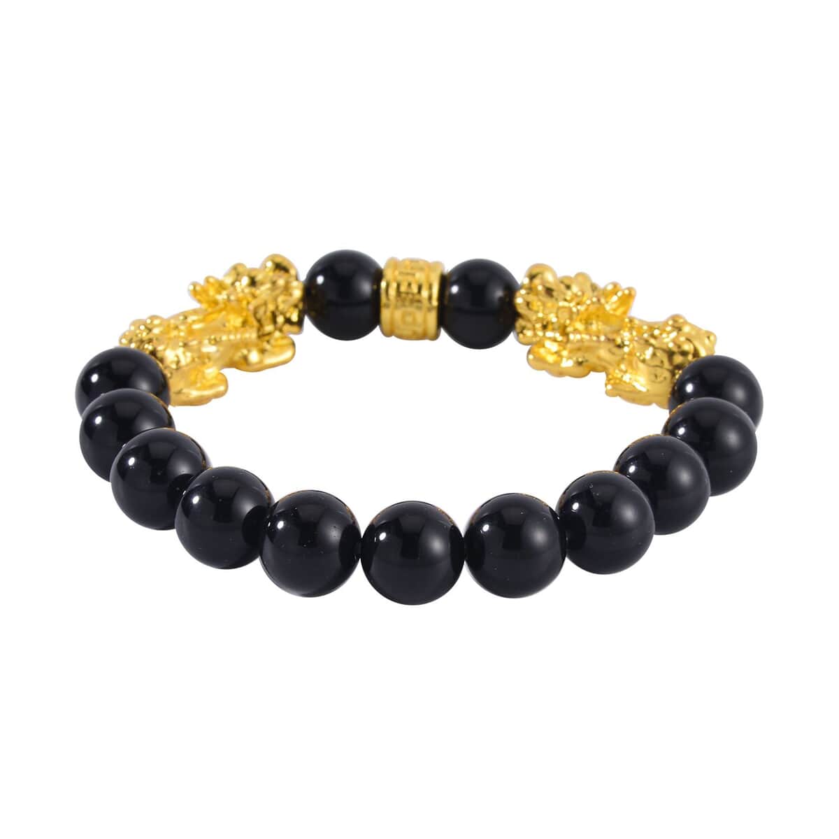 Black Obsidian Pixiu Earrings and Feng Shui Stretch Bracelet in Goldtone 146.00 ctw image number 3