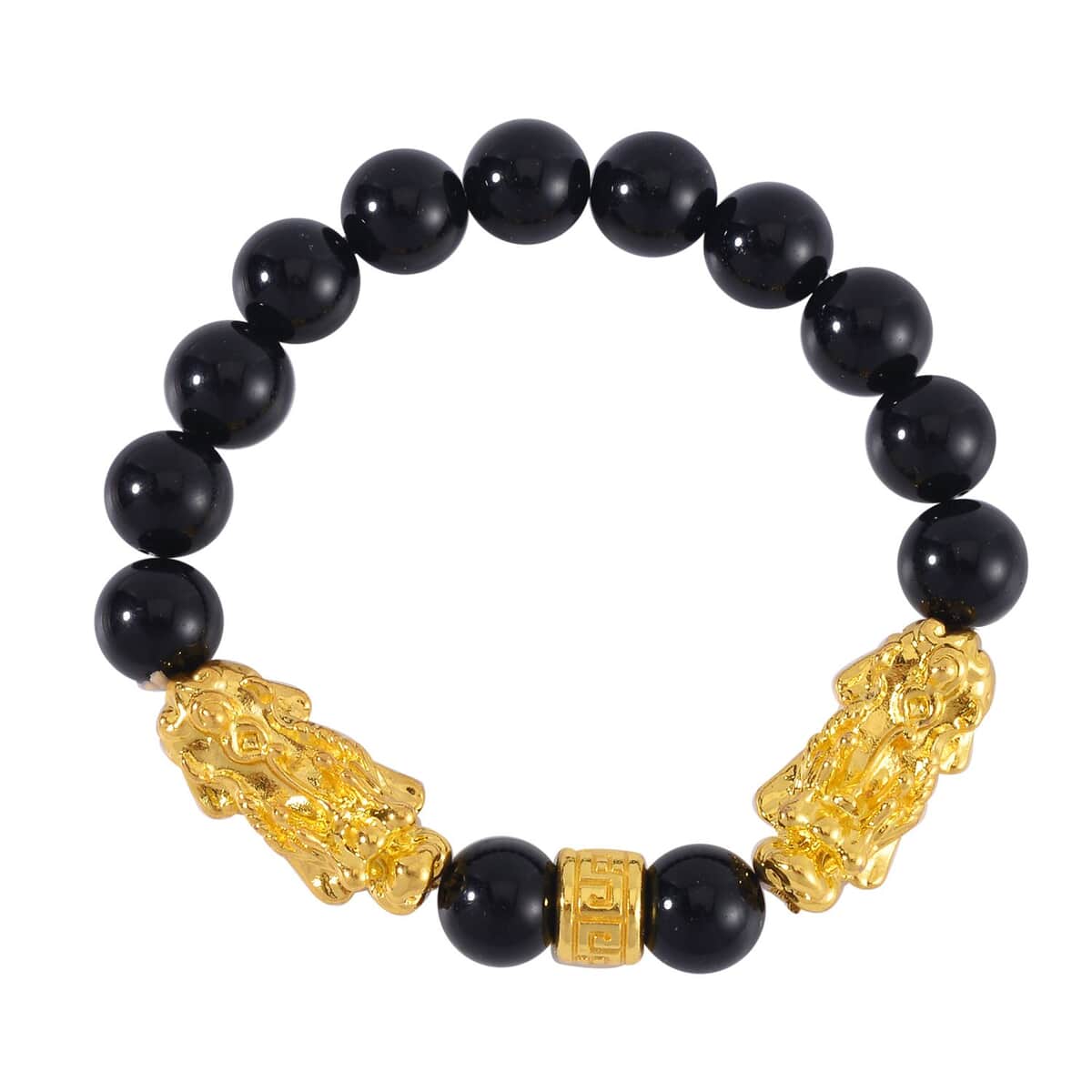 Black Obsidian Pixiu Earrings and Feng Shui Stretch Bracelet in Goldtone 146.00 ctw image number 4