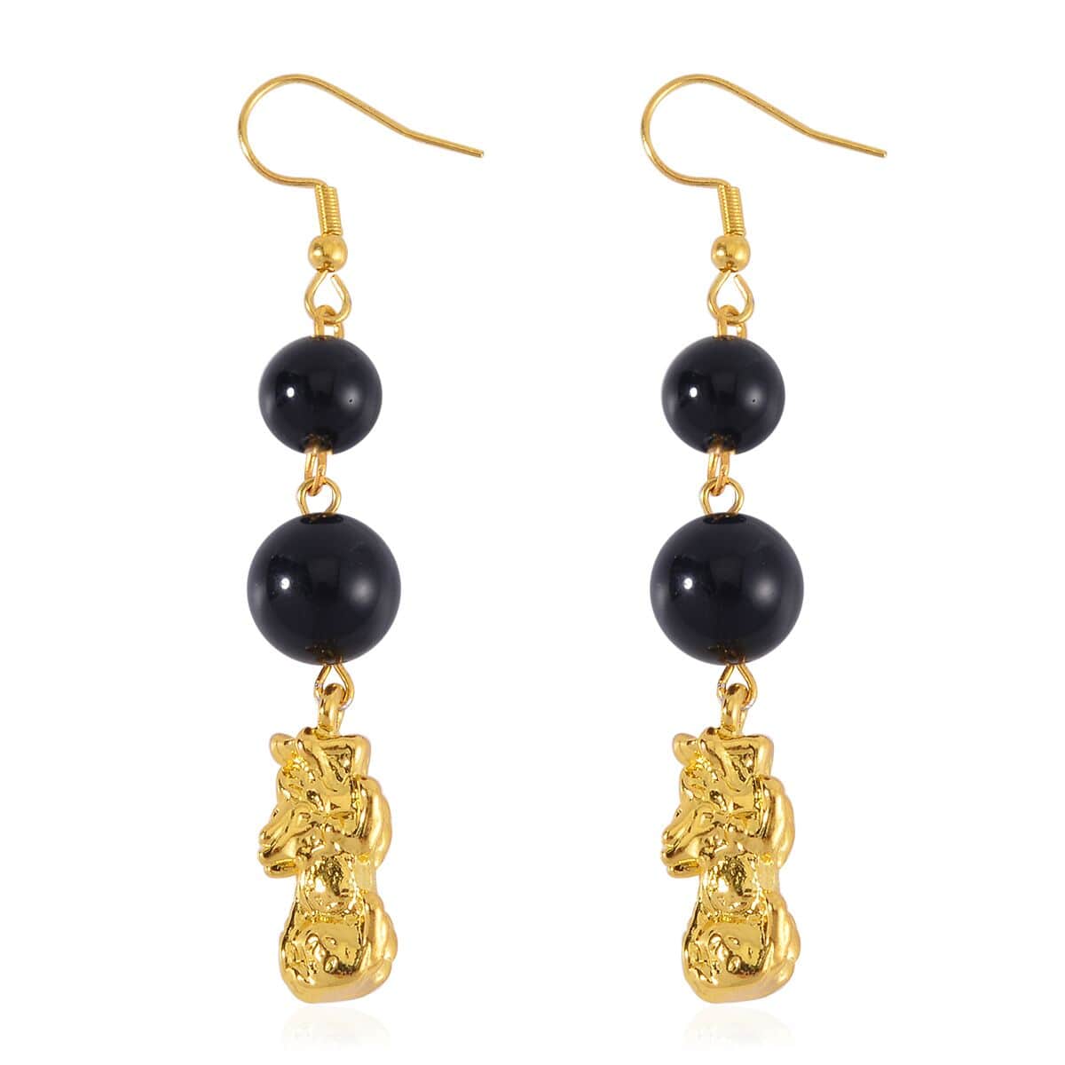 Black Obsidian Pixiu Earrings and Feng Shui Stretch Bracelet in Goldtone 146.00 ctw image number 6