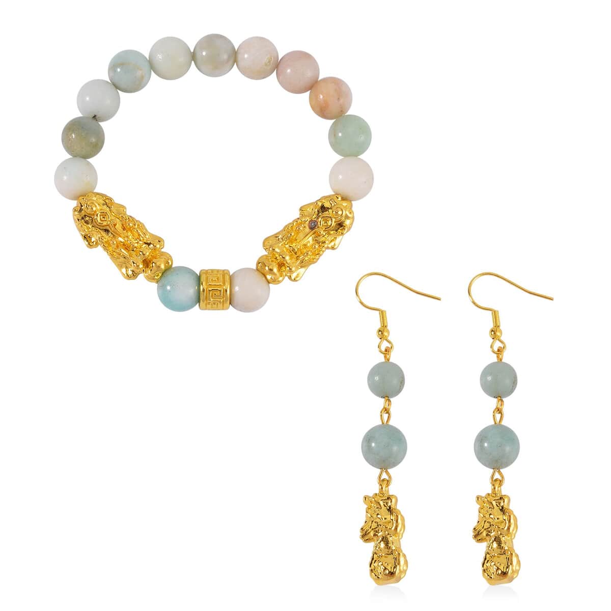 Multi Color Amazonite Pixiu Earrings and Feng Shui Stretch Bracelet in Goldtone 146.00 ctw image number 0