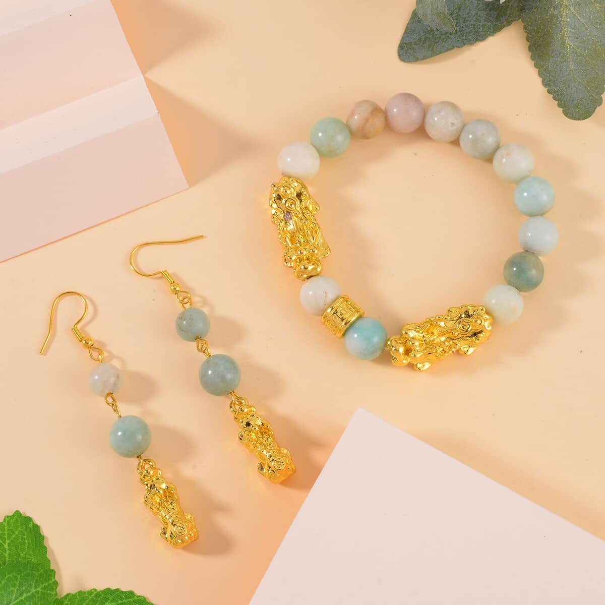 Multi Color Amazonite Pixiu Earrings and Feng Shui Stretch Bracelet in Goldtone 146.00 ctw image number 1